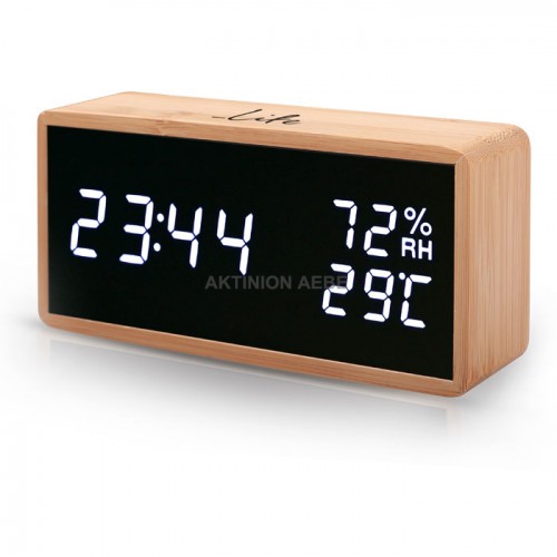 LIFE WES-108 BAMBOO ψηφιακό θερμόμετρο υγρόμετρο με ρολόι ξυπνητήρι και ημερολόγιο