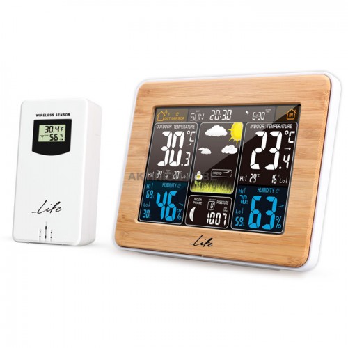 LIFE Rainforest Bamboo Edition weather station with wireless outdoor sensor and clock with alarm