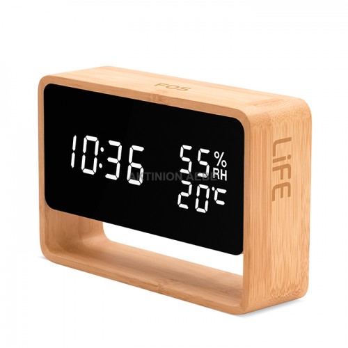 LIFE FOS Bamboo digital thermometer hygrometer with clock alarm function